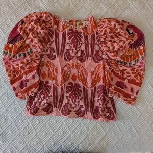 Farm Rio Ainika Macaws Puff Sleeve Cotton Top XS